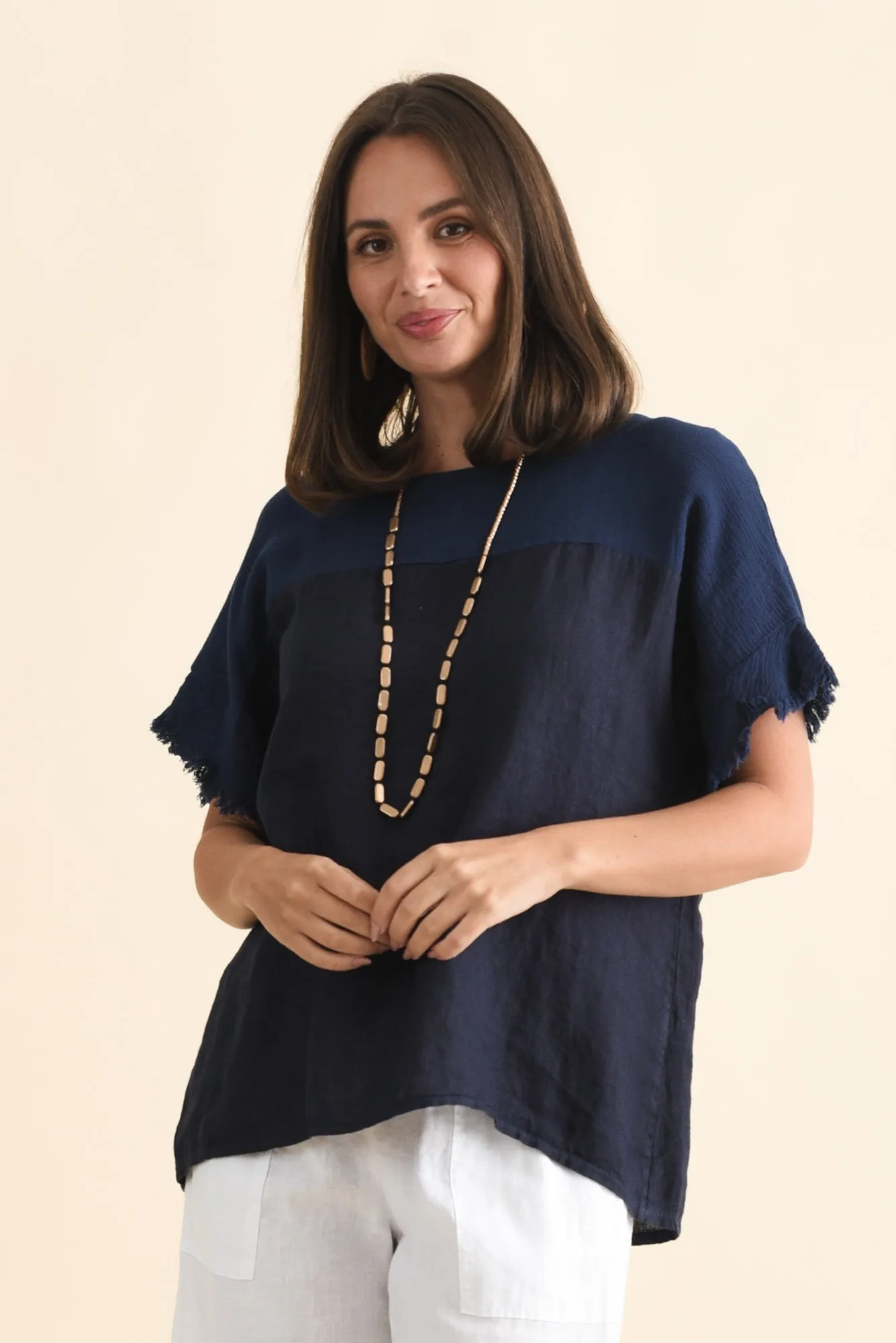 Remo Navy Linen Frayed Top sold by Blue Bungalow