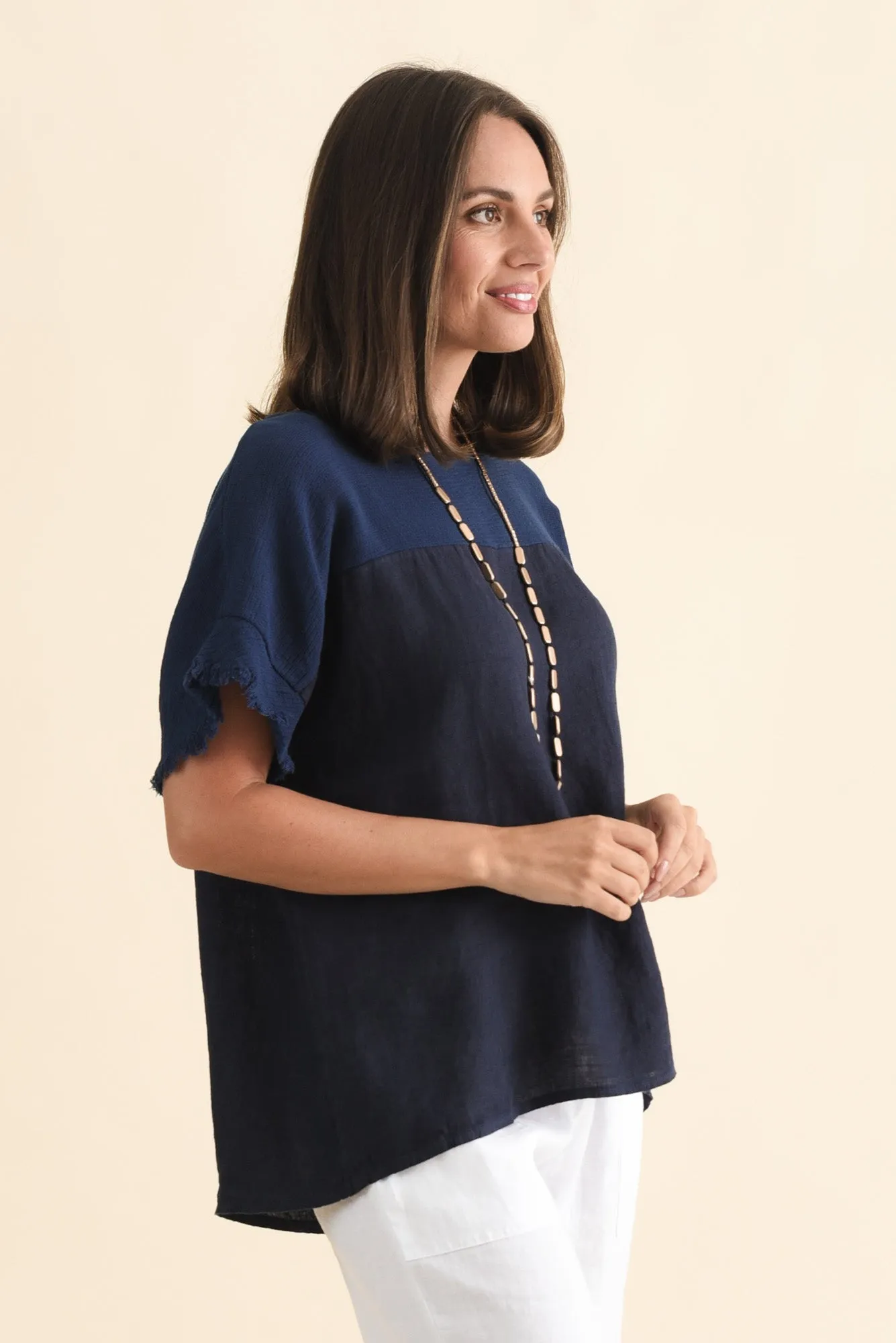 Remo Navy Linen Frayed Top sold by Blue Bungalow product image thumbnail 3