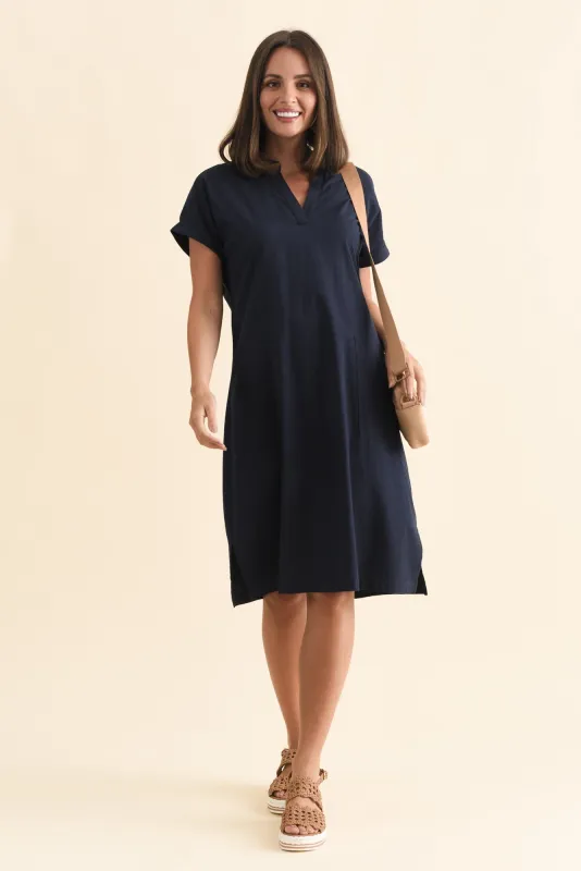 Sommer Navy Cotton Blend V Neck Dress sold by Blue Bungalow