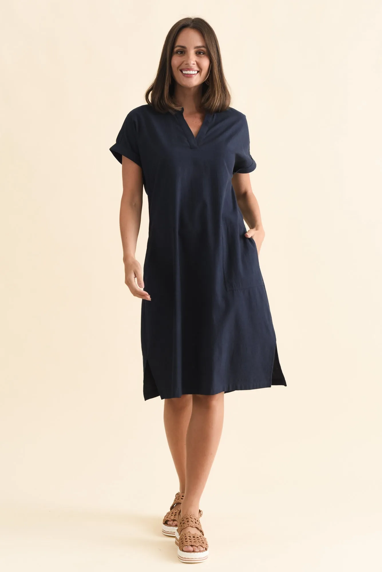 Sommer Navy Cotton Blend V Neck Dress sold by Blue Bungalow product image thumbnail 2