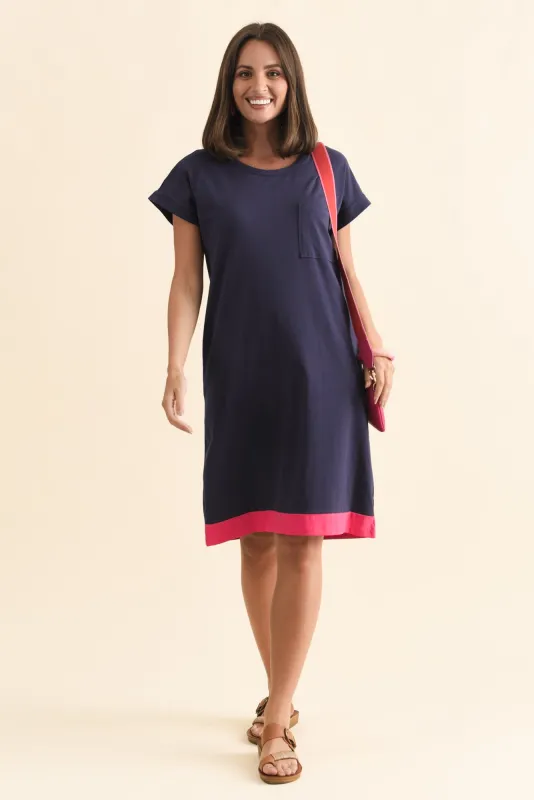 Trinity Navy Splice Cotton Tee Dress sold by Blue Bungalow