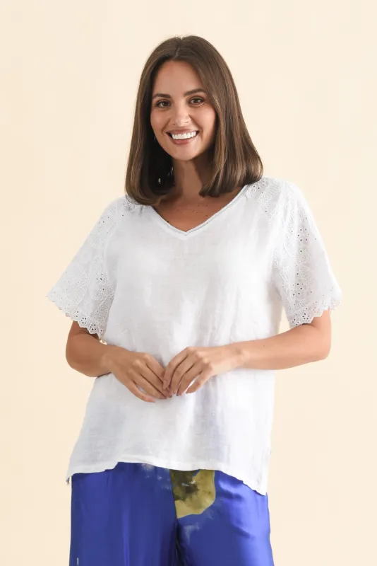 Dame White Linen Embroidered Top sold by Blue Bungalow