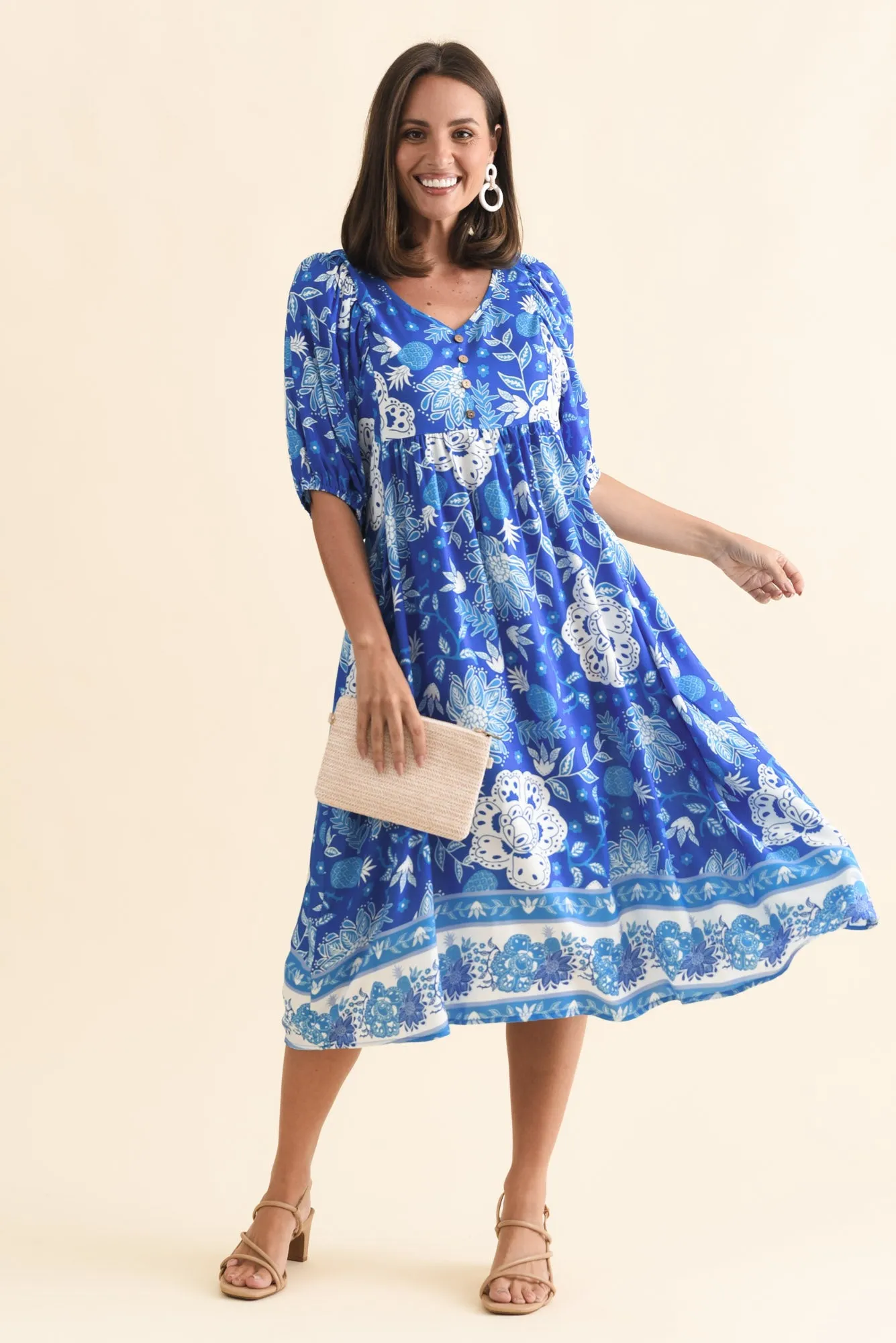 Kacey Blue Floral Button Dress sold by Blue Bungalow