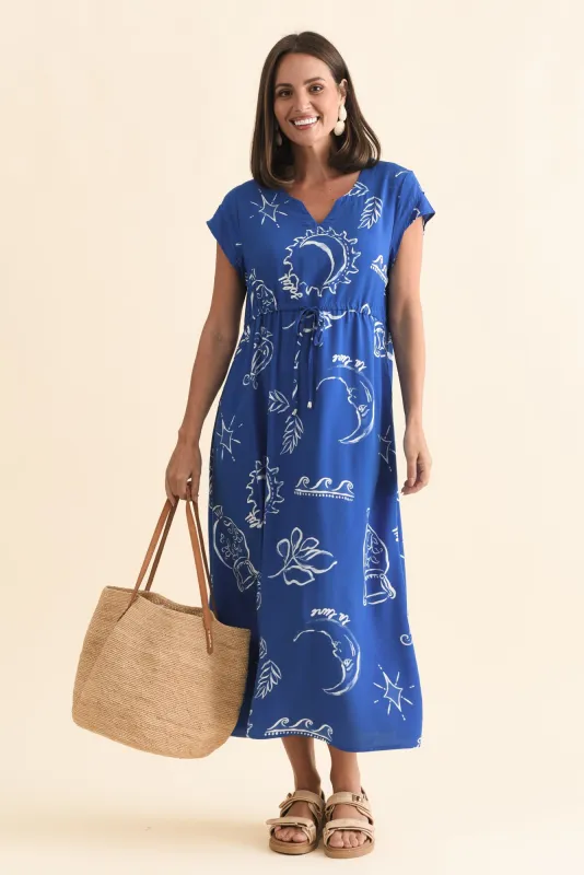 Suzette Blue Abstract Midi Dress sold by Blue Bungalow