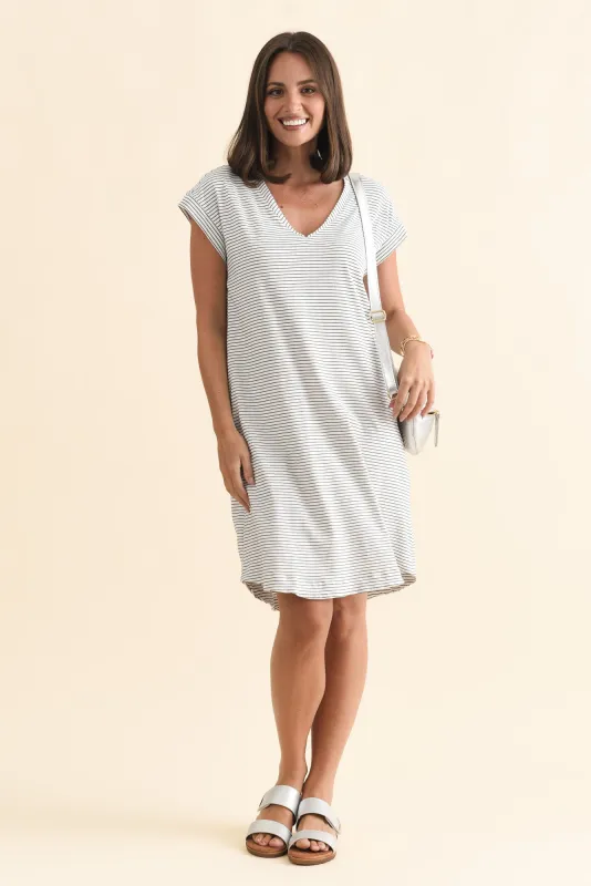 Daphne Black Stripe Cotton V Neck Dress sold by Blue Bungalow