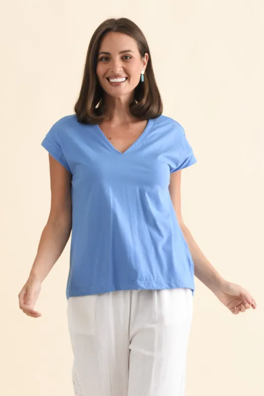 Tracy Blue Cotton V Neck Tee sold by Blue Bungalow