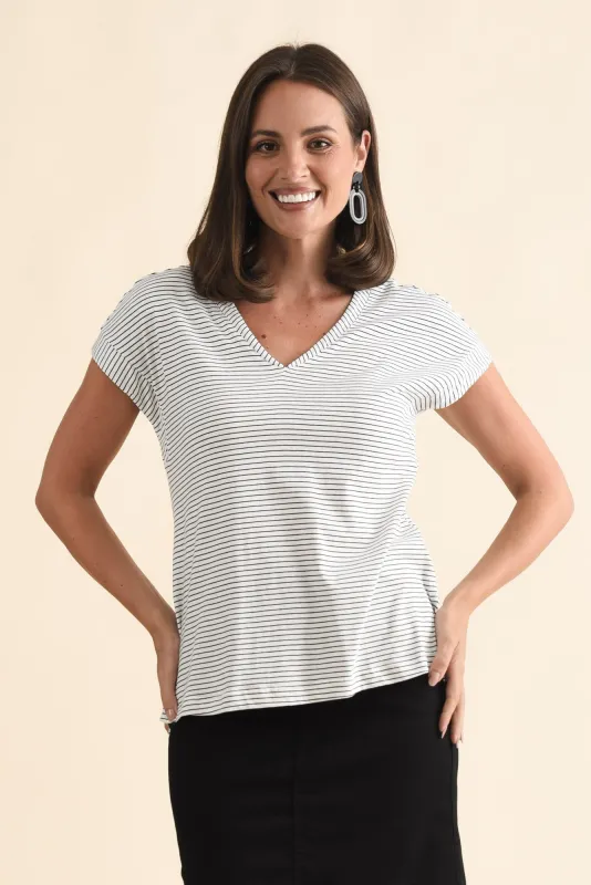 Tracy Black Stripe Cotton V Neck Tee sold by Blue Bungalow