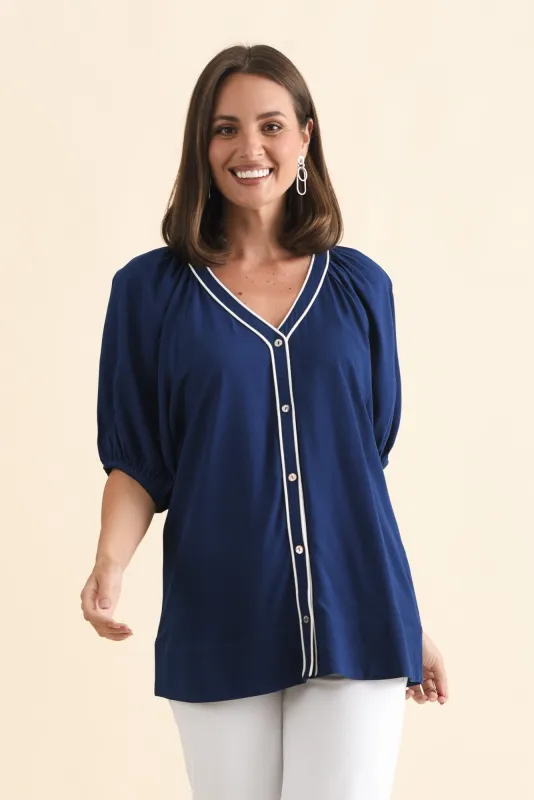 Rio Reef Navy Contrast Button Blouse sold by Blue Bungalow