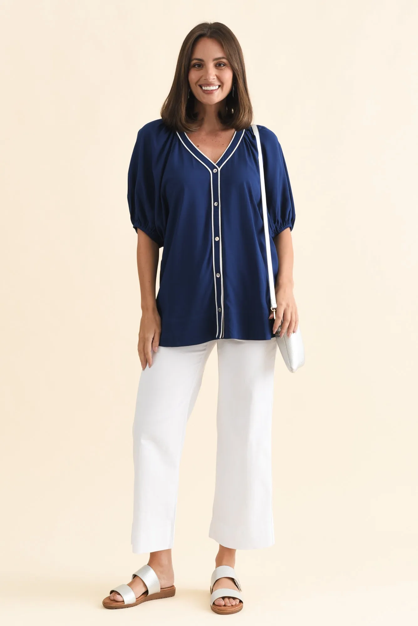 Rio Reef Navy Contrast Button Blouse sold by Blue Bungalow product image thumbnail 2