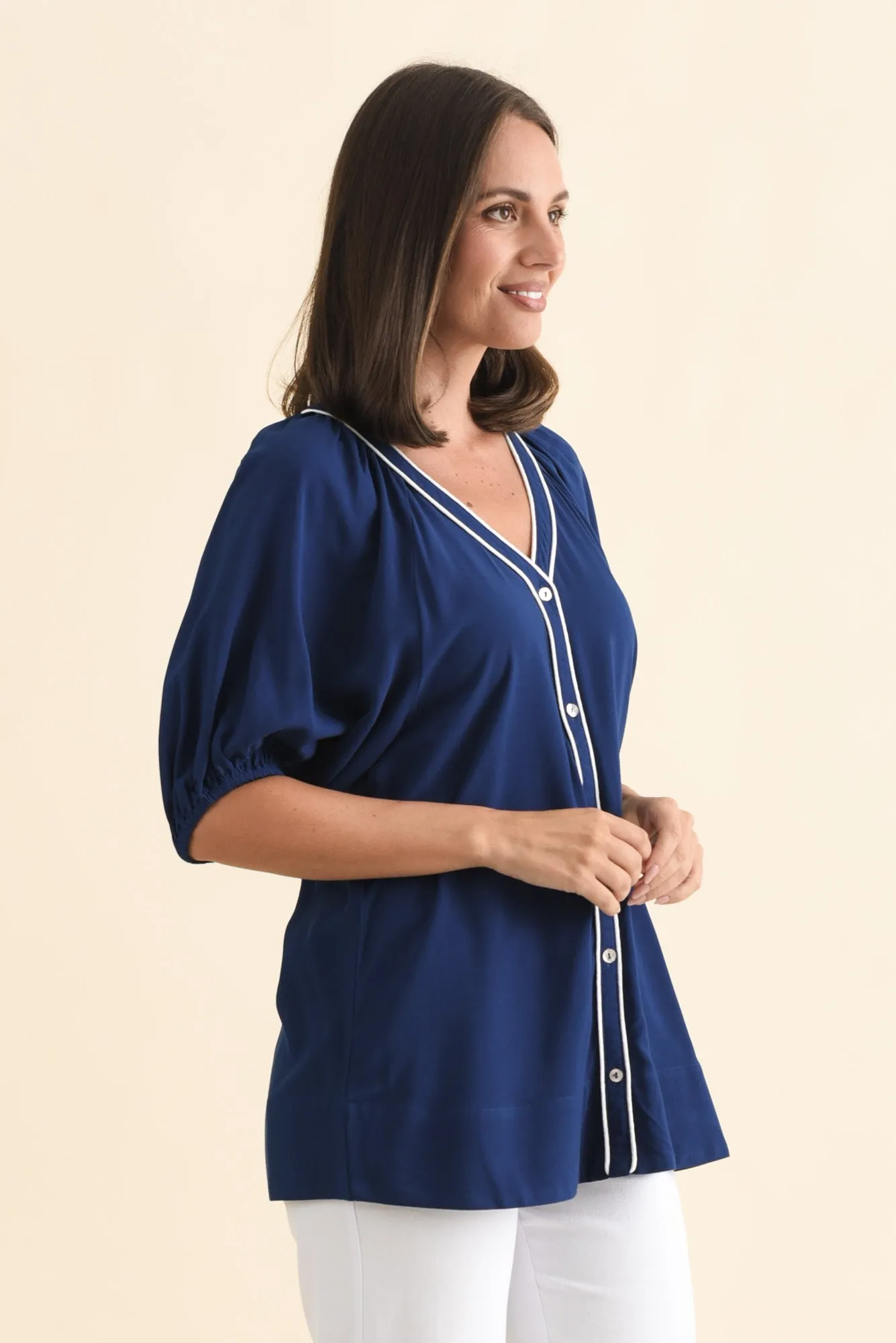 Rio Reef Navy Contrast Button Blouse sold by Blue Bungalow product image thumbnail 3