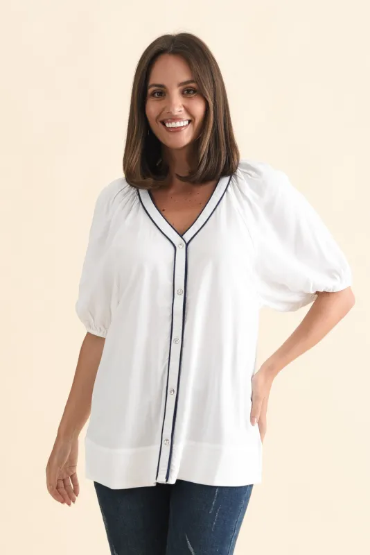 Rio Reef White Contrast Button Blouse sold by Blue Bungalow