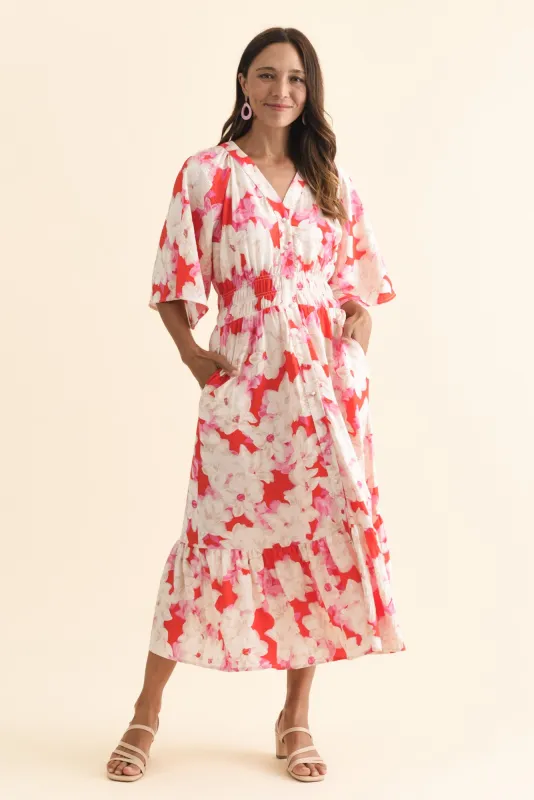 Moxie Red Floral Button Dress sold by Blue Bungalow