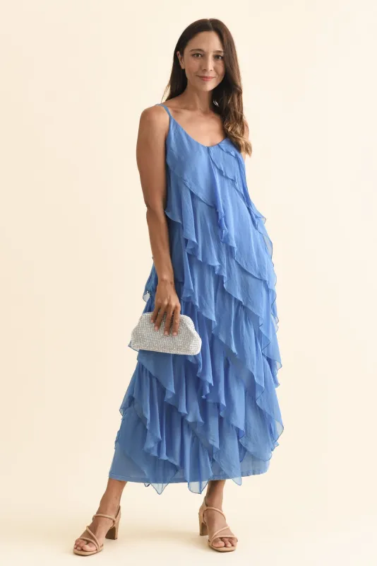 Dominica Blue Silk Ruffle Dress sold by Blue Bungalow
