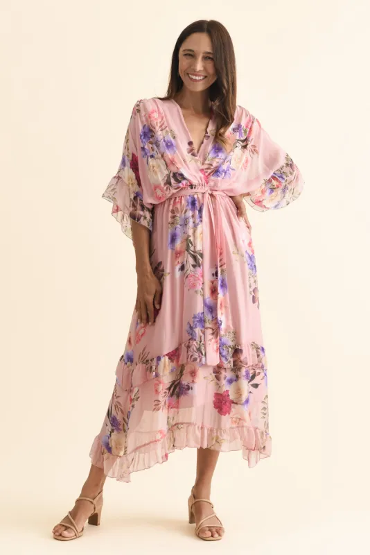 Mino Pink Floral Silk Ruffle Dress sold by Blue Bungalow