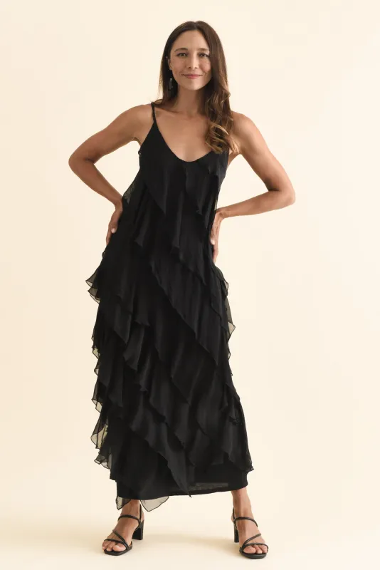 Dominica Black Silk Ruffle Dress sold by Blue Bungalow