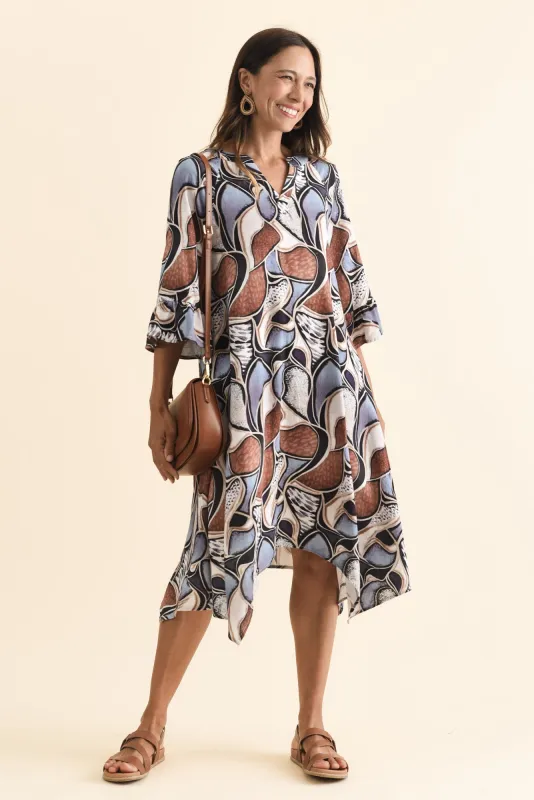 Millicent Blue Abstract Linen Cotton Dress sold by Blue Bungalow