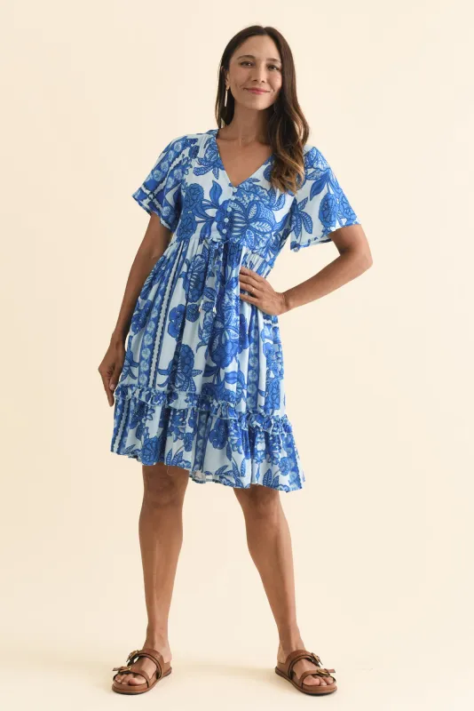 Patrice Blue Garden Frill Dress sold by Blue Bungalow