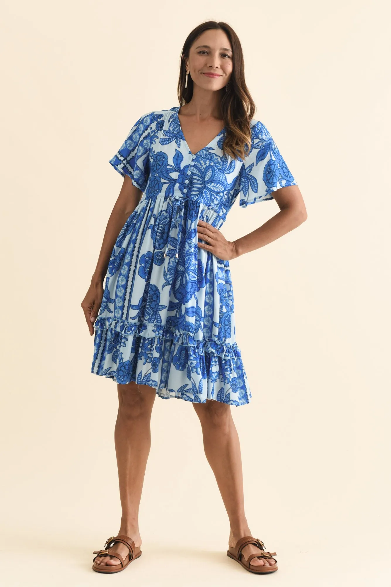 Patrice Blue Garden Frill Dress sold by Blue Bungalow