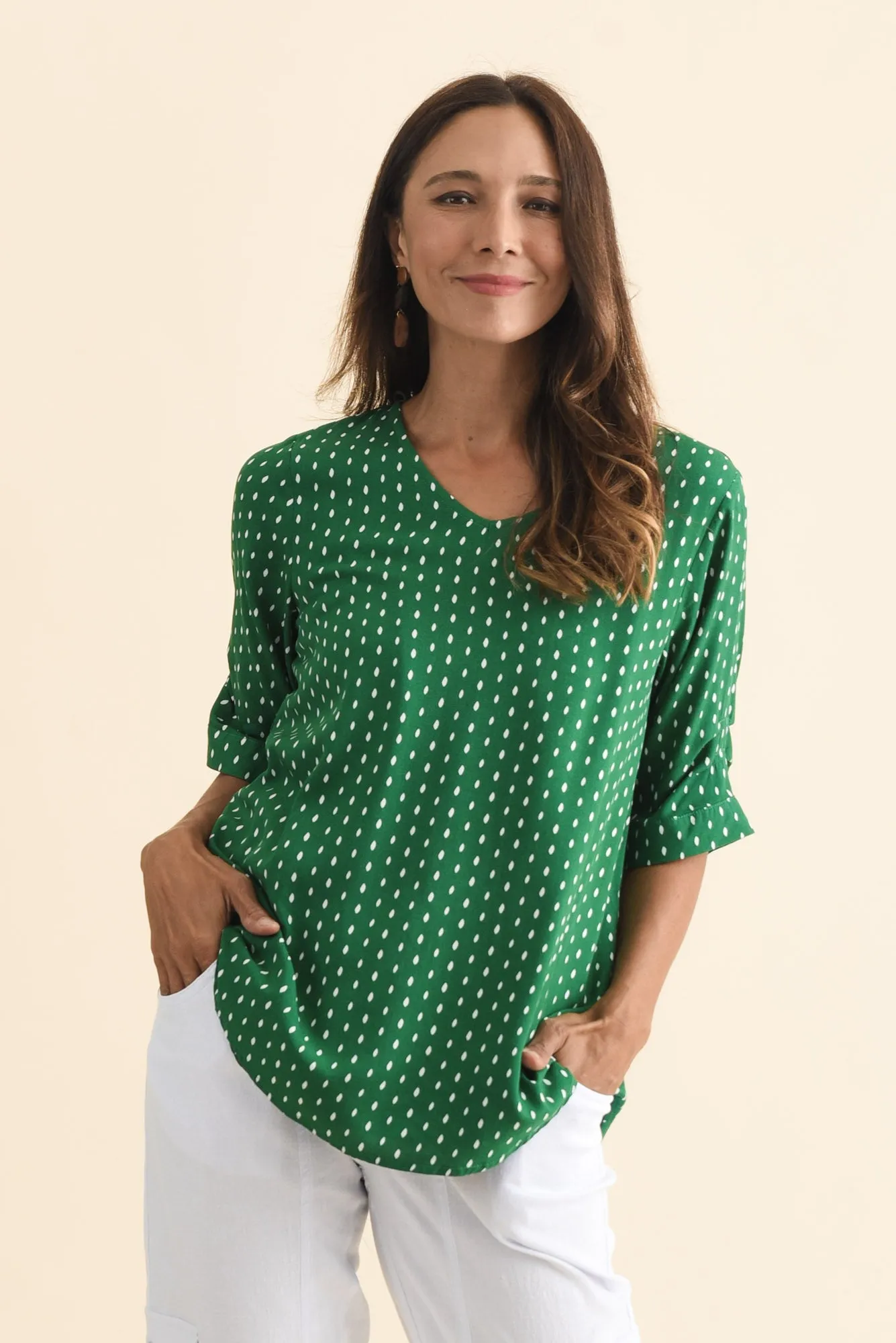Riveria Green Dash V Neck Top sold by Blue Bungalow