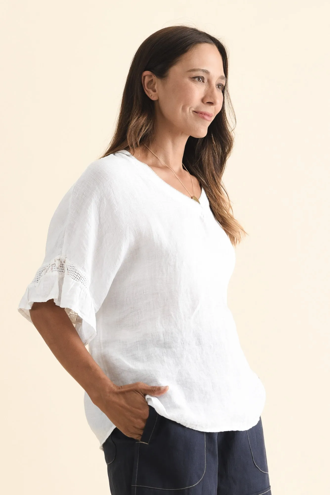 Corina White Linen V Neck Top sold by Blue Bungalow product image thumbnail 3