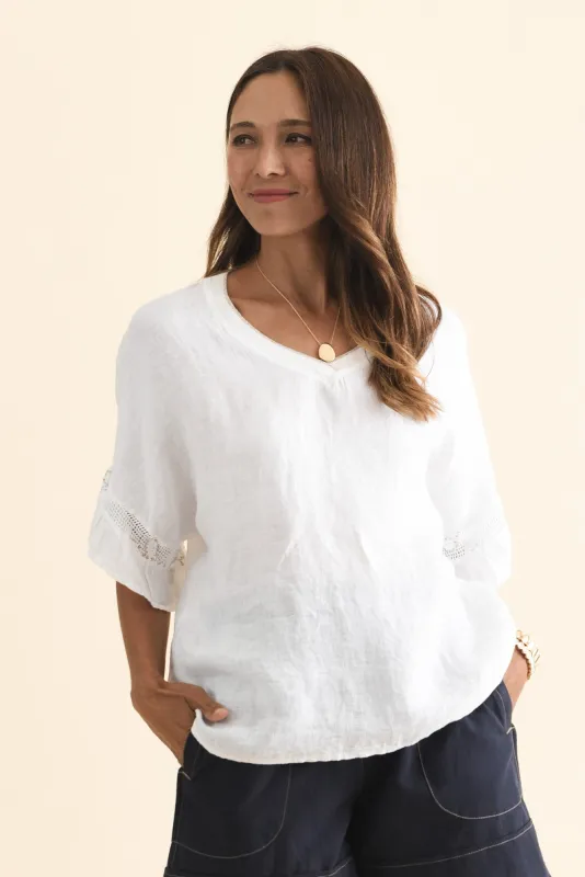 Corina White Linen V Neck Top sold by Blue Bungalow