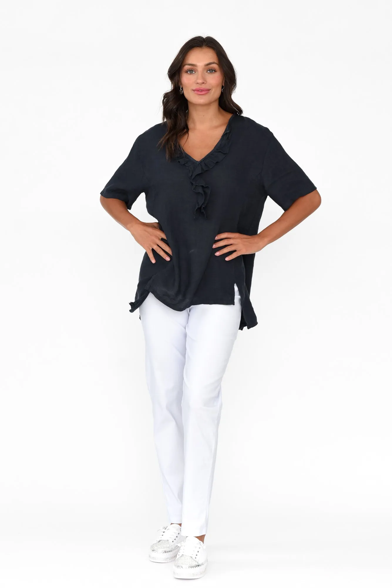 Santaz Navy Linen Ruffle Top sold by Blue Bungalow product image thumbnail 2