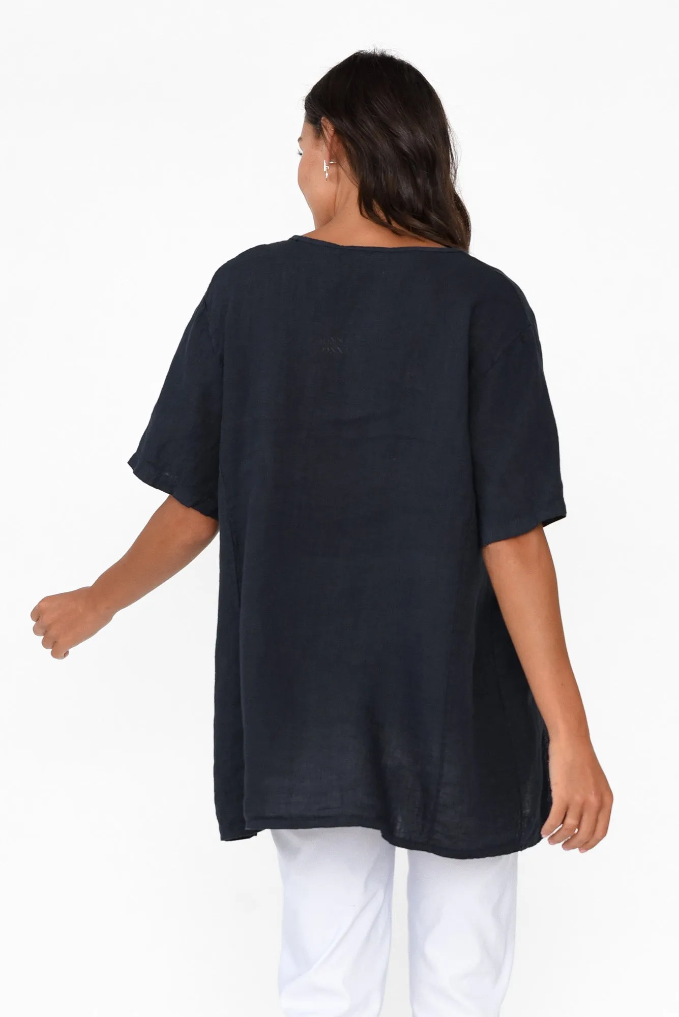 Santaz Navy Linen Ruffle Top sold by Blue Bungalow product image thumbnail 4