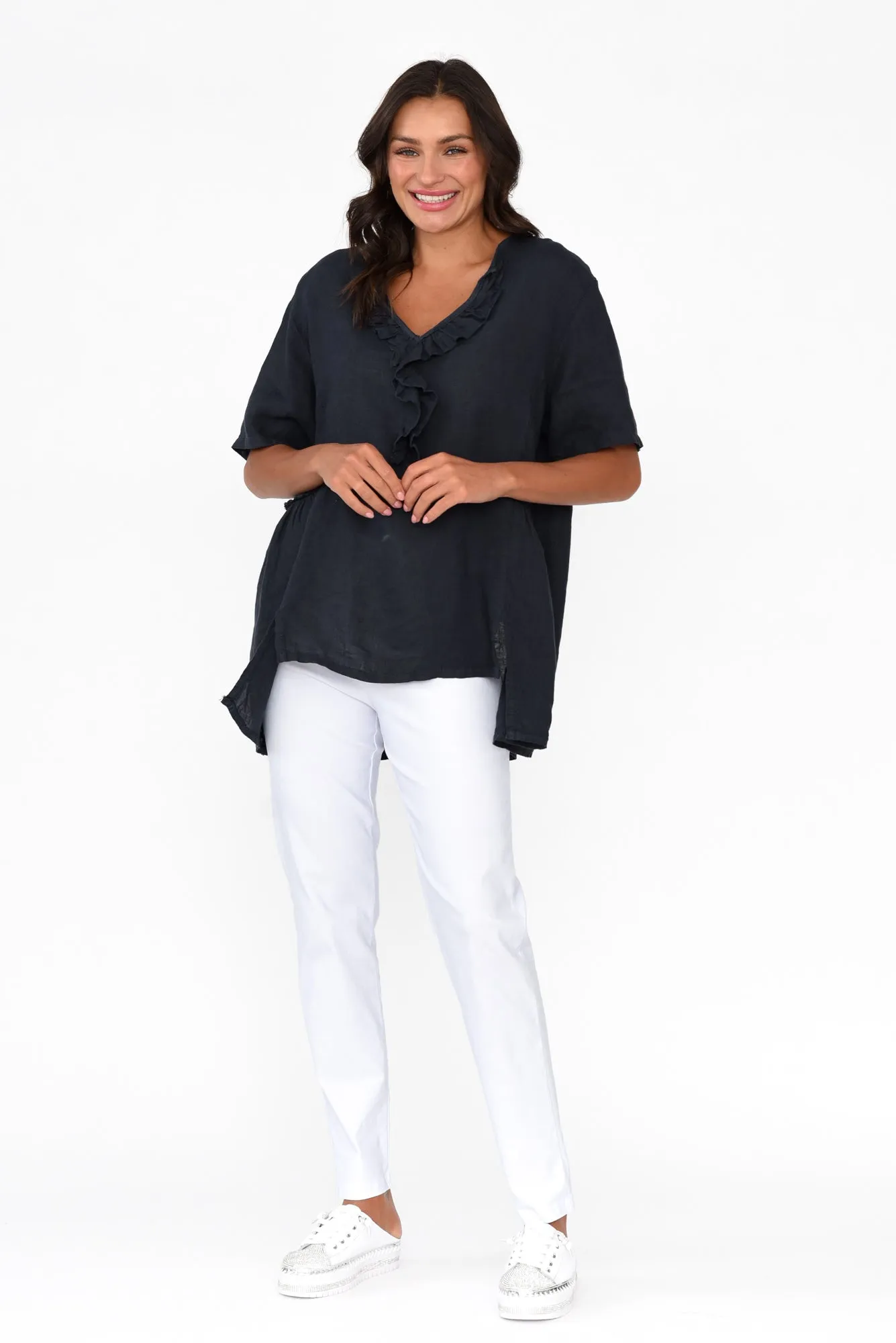 Santaz Navy Linen Ruffle Top sold by Blue Bungalow product image thumbnail 5