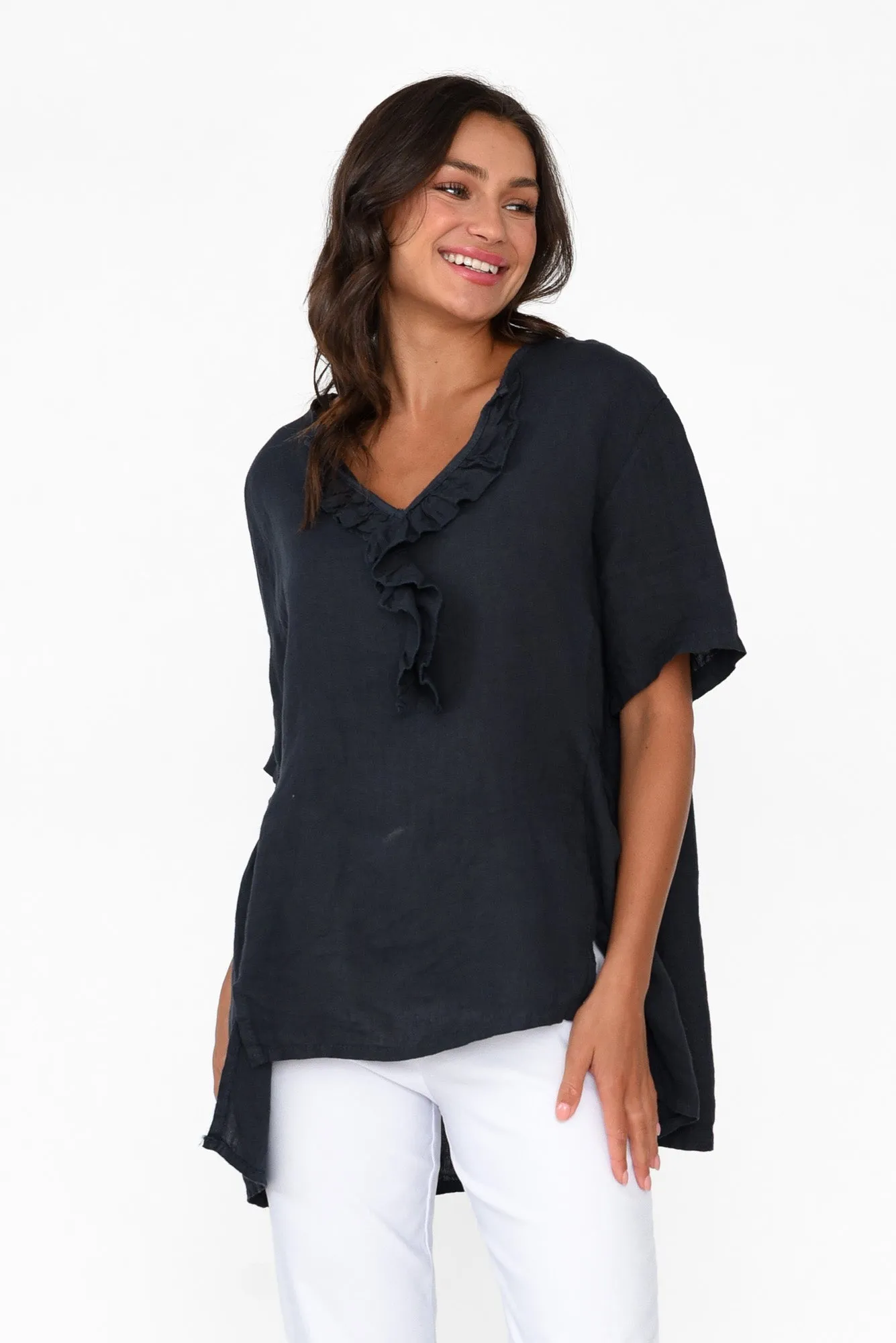 Santaz Navy Linen Ruffle Top sold by Blue Bungalow