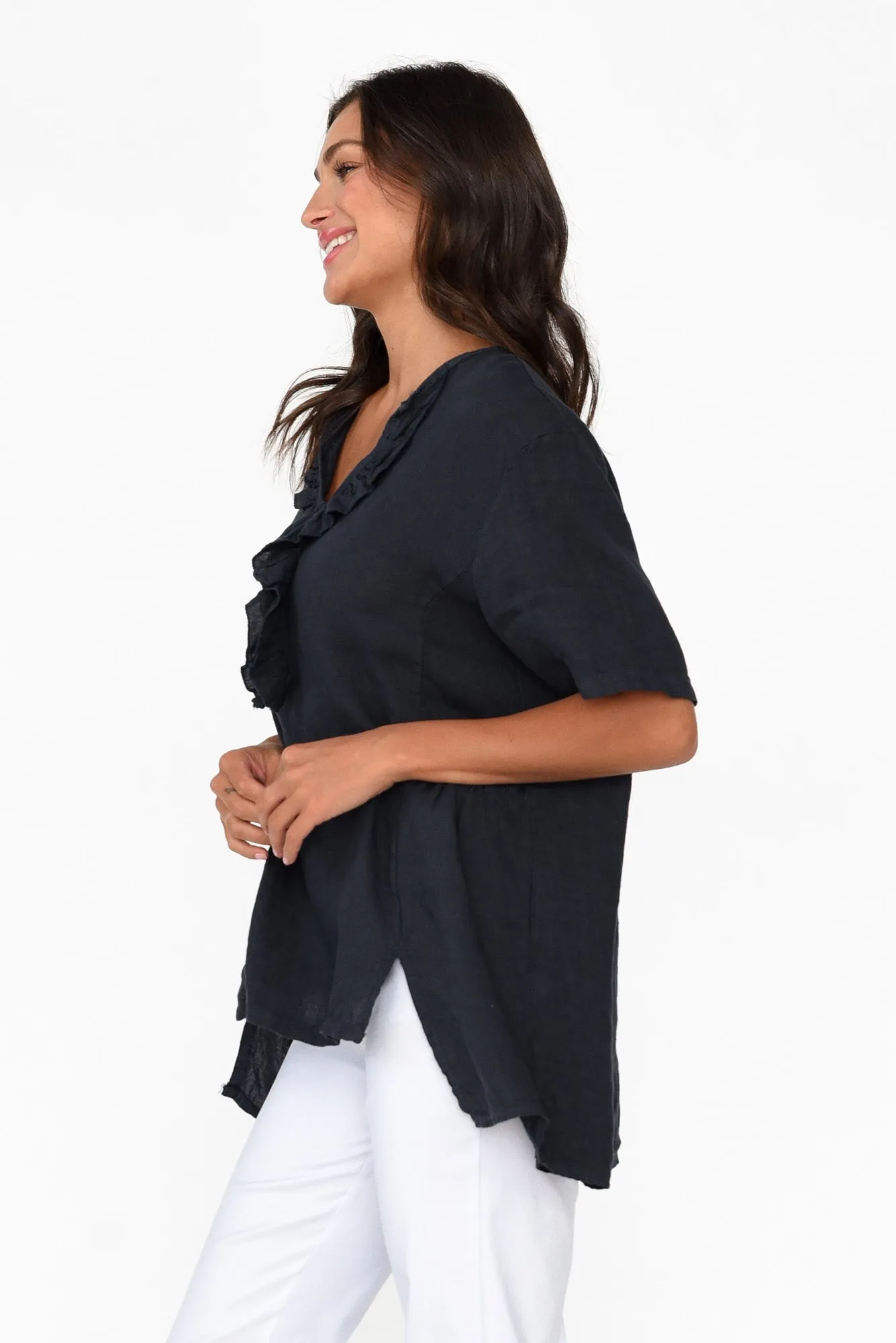 Santaz Navy Linen Ruffle Top sold by Blue Bungalow product image thumbnail 3