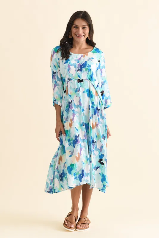 Zaelia Blue Watercolour Sleeved Crescent Dress sold by Blue Bungalow