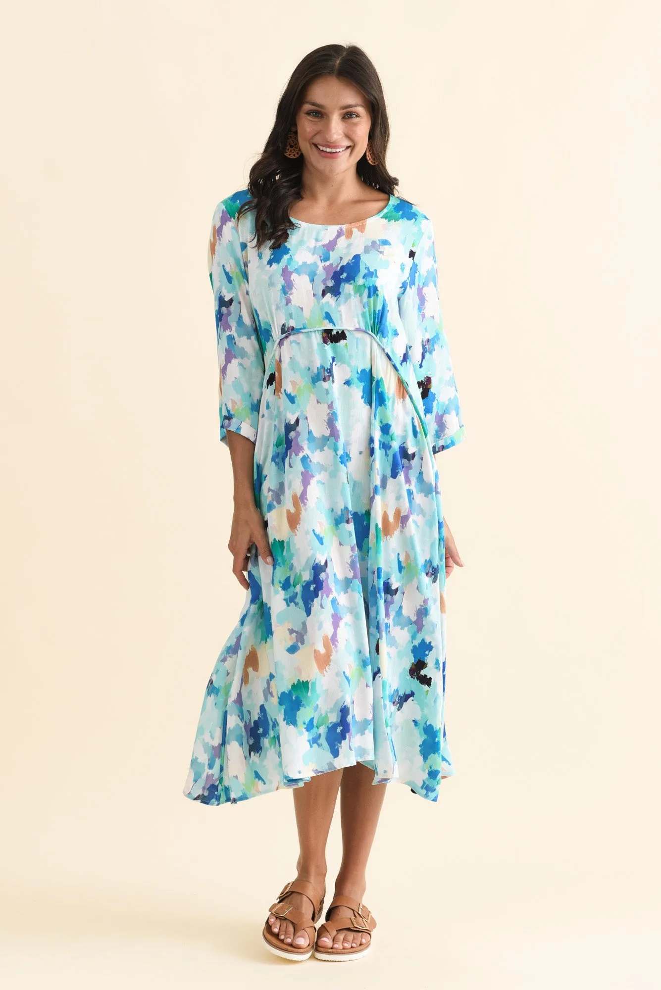 Zaelia Blue Watercolour Sleeved Crescent Dress sold by Blue Bungalow