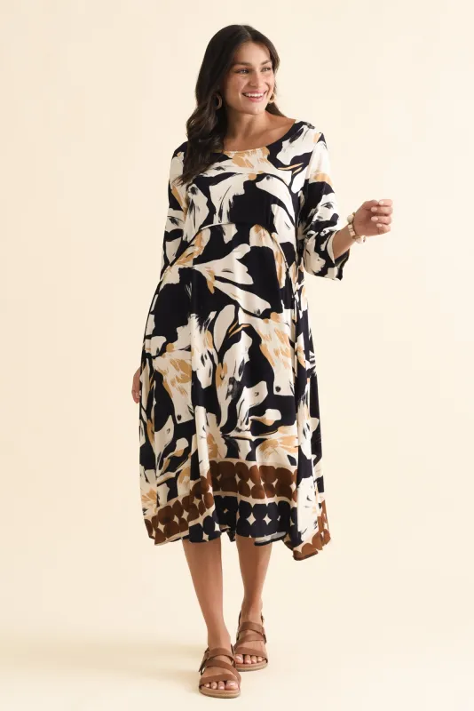 Zaelia Navy Abstract Sleeved Crescent Dress sold by Blue Bungalow