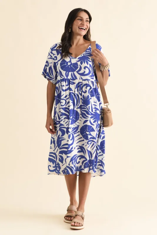 Sharlene Blue Botanical Midi Dress sold by Blue Bungalow