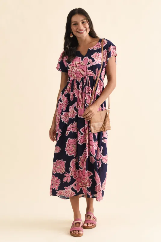 Suzette Navy Flower Midi Dress sold by Blue Bungalow