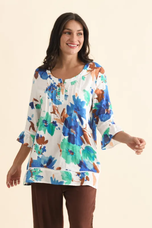 Cassidy Blue Flower Cotton Sleeved Top sold by Blue Bungalow