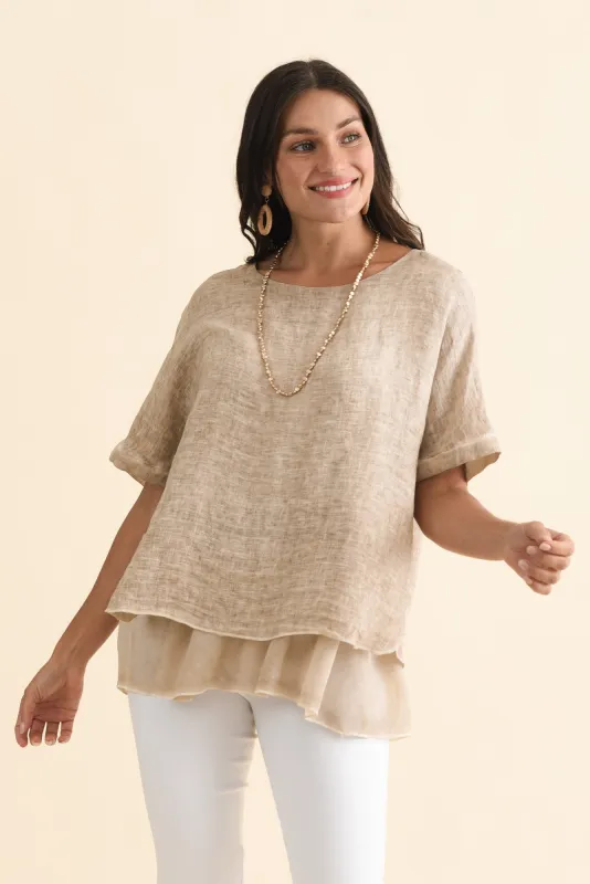 Kayla Beige Linen Layered Top sold by Blue Bungalow