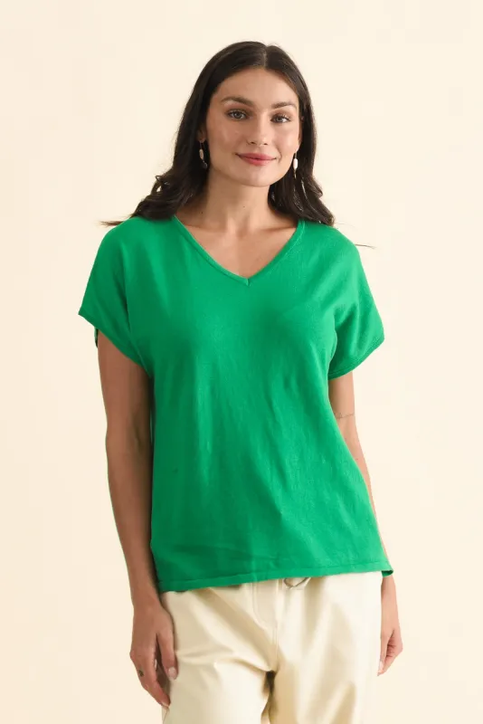 Via Green Cotton V Neck Knit Top sold by Blue Bungalow