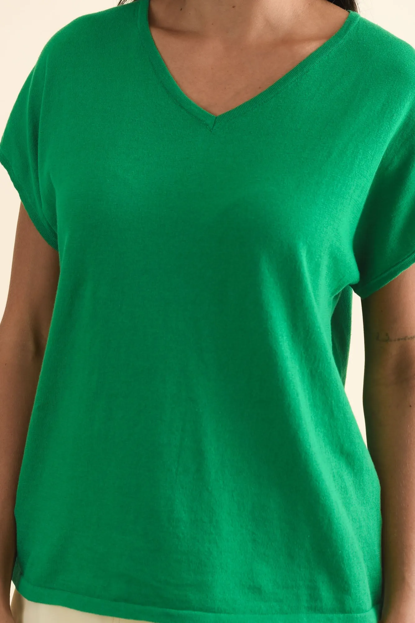 Via Green Cotton V Neck Knit Top sold by Blue Bungalow product image thumbnail 5