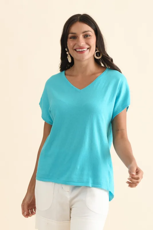 Via Blue Cotton V Neck Knit Top sold by Blue Bungalow
