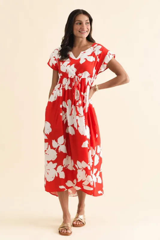 Suzette Red Abstract Midi Dress sold by Blue Bungalow