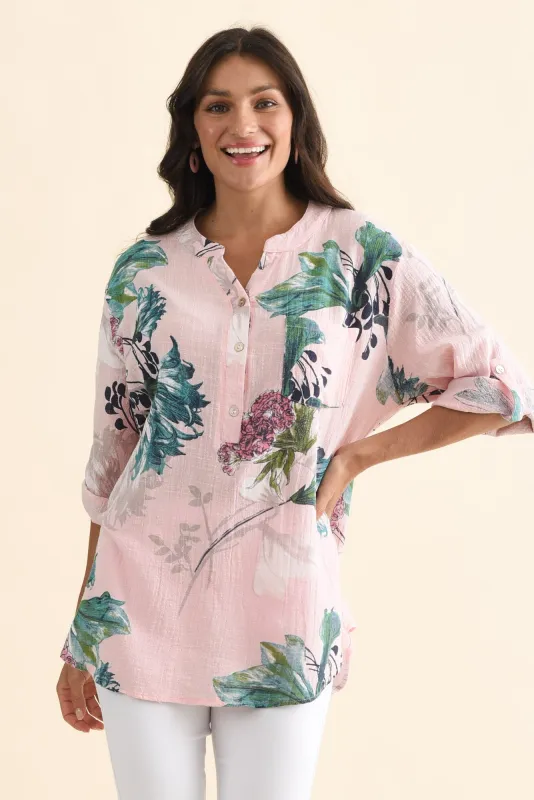 Juliet Pink Floral Cotton Linen Top sold by Blue Bungalow