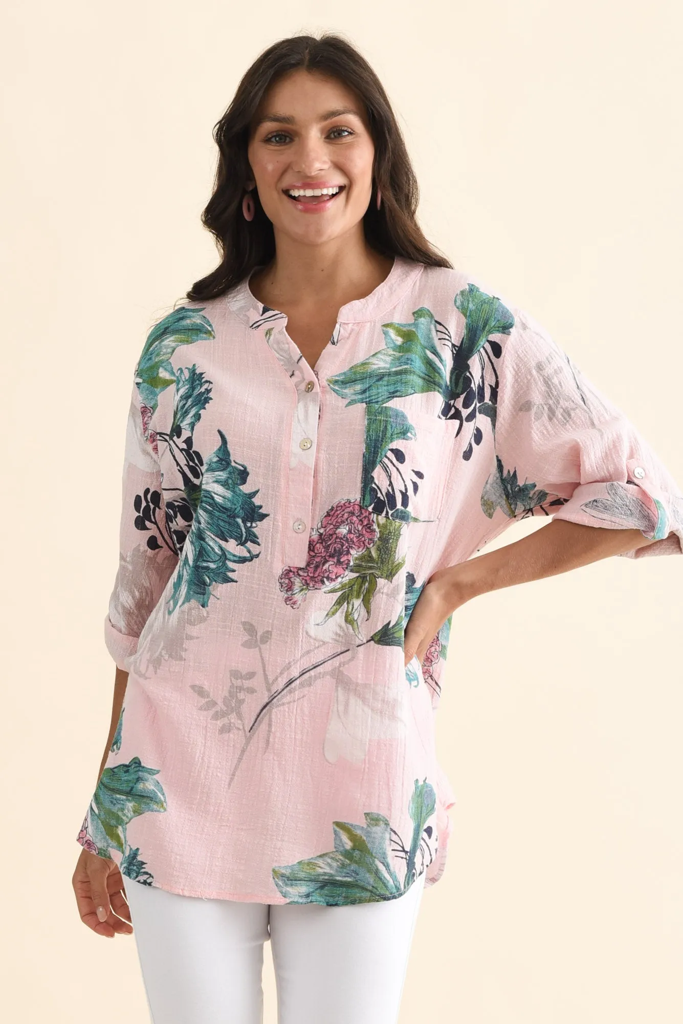 Juliet Pink Floral Cotton Linen Top sold by Blue Bungalow