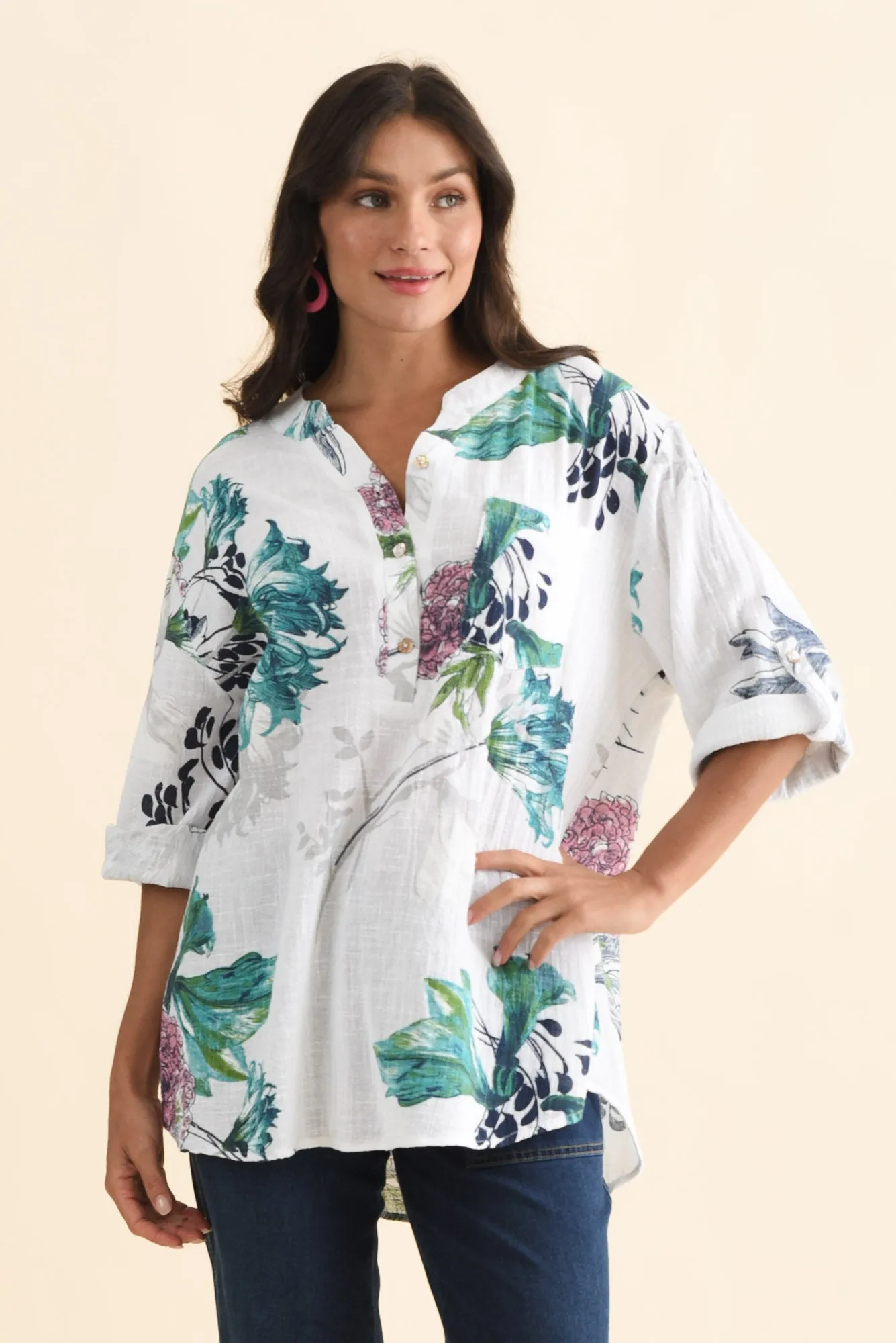 Juliet White Floral Cotton Linen Top sold by Blue Bungalow