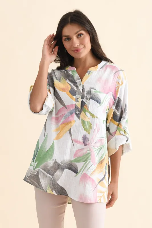 Muse White Flower Cotton Linen Top sold by Blue Bungalow