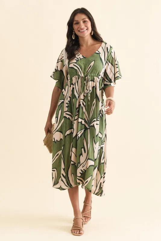 Jennifer Green Leaf Flutter Sleeve Dress sold by Blue Bungalow
