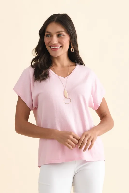 Via Pink Cotton V Neck Knit Top sold by Blue Bungalow