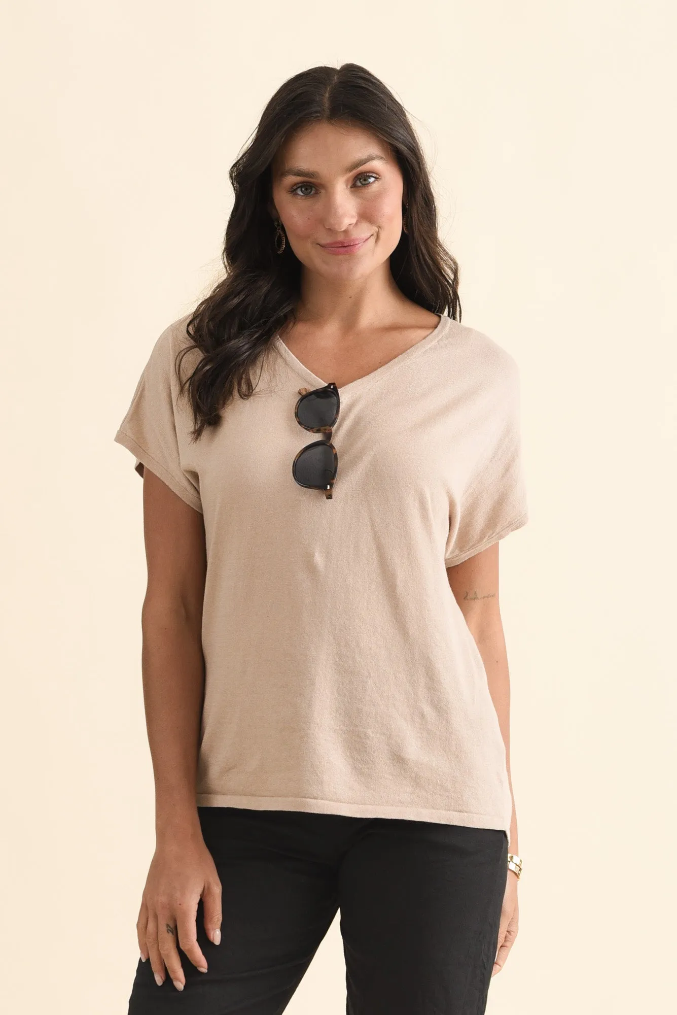 Via Beige Cotton V Neck Knit Top sold by Blue Bungalow