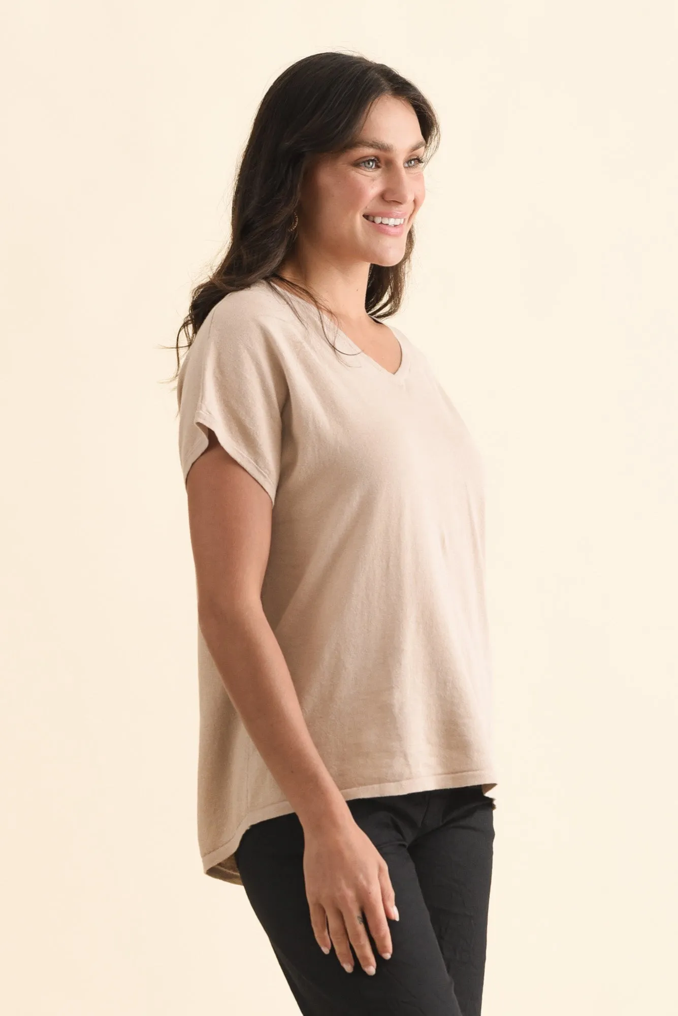 Via Beige Cotton V Neck Knit Top sold by Blue Bungalow product image thumbnail 3