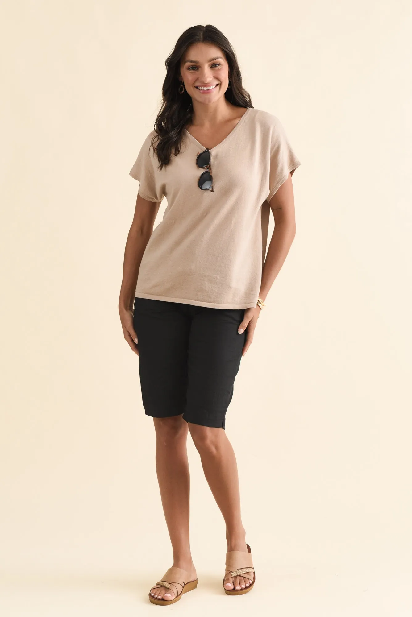 Via Beige Cotton V Neck Knit Top sold by Blue Bungalow product image thumbnail 2